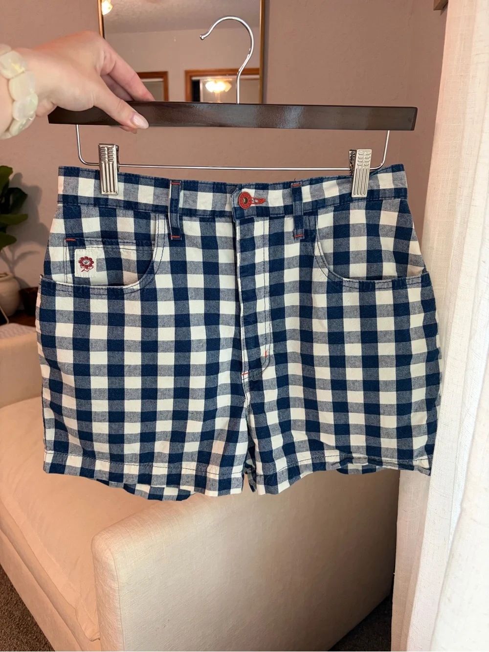 Vintage Guess Women’s Navy & White Gingham Shorts